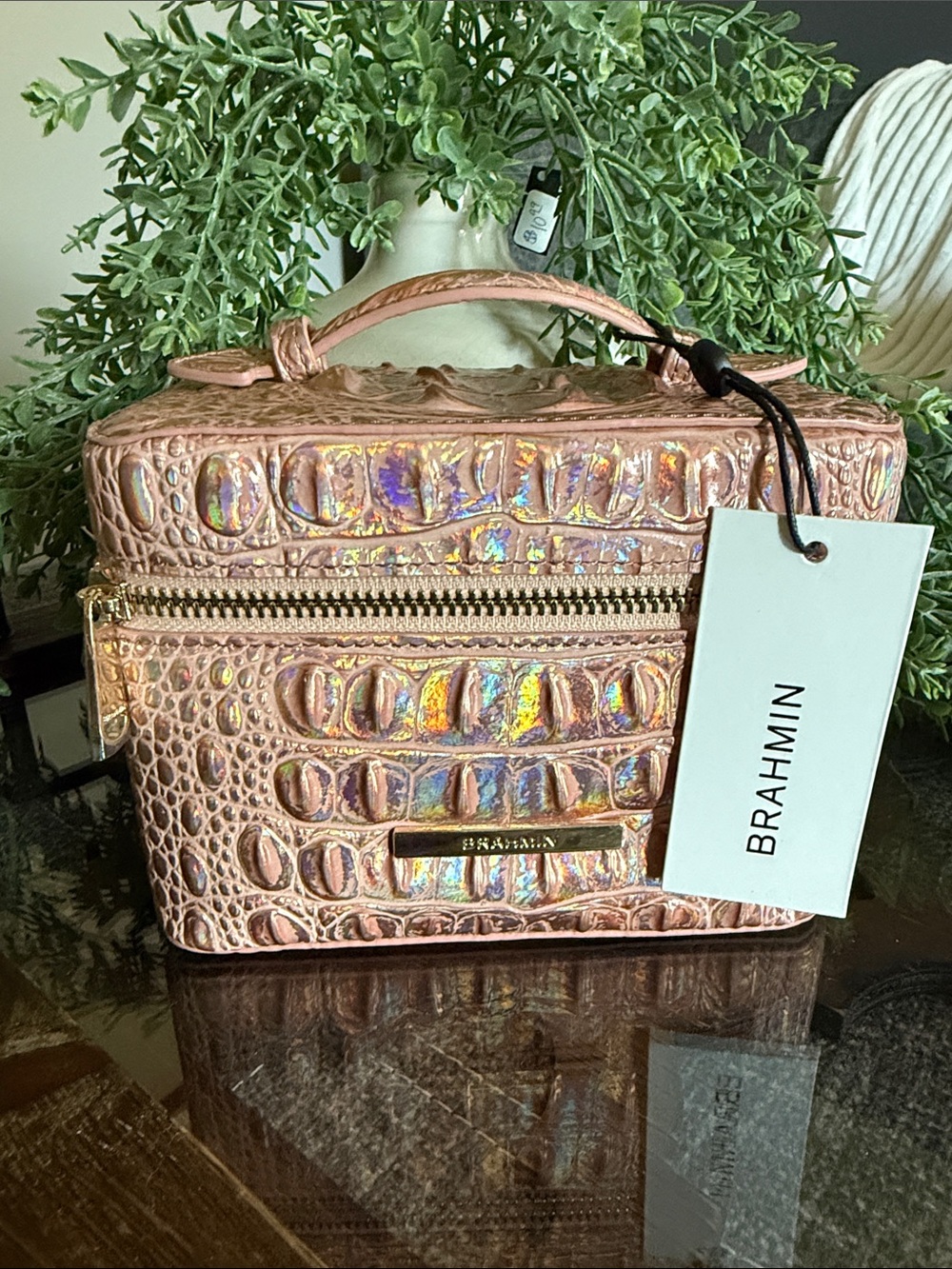 Brahmin Pink Iridescent Croc-Embossed Cosmetic Train Case